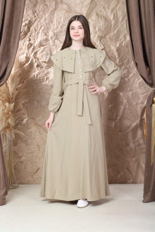 Girls' Cream Dress with Shoulder and Collar Details and Waist Belt