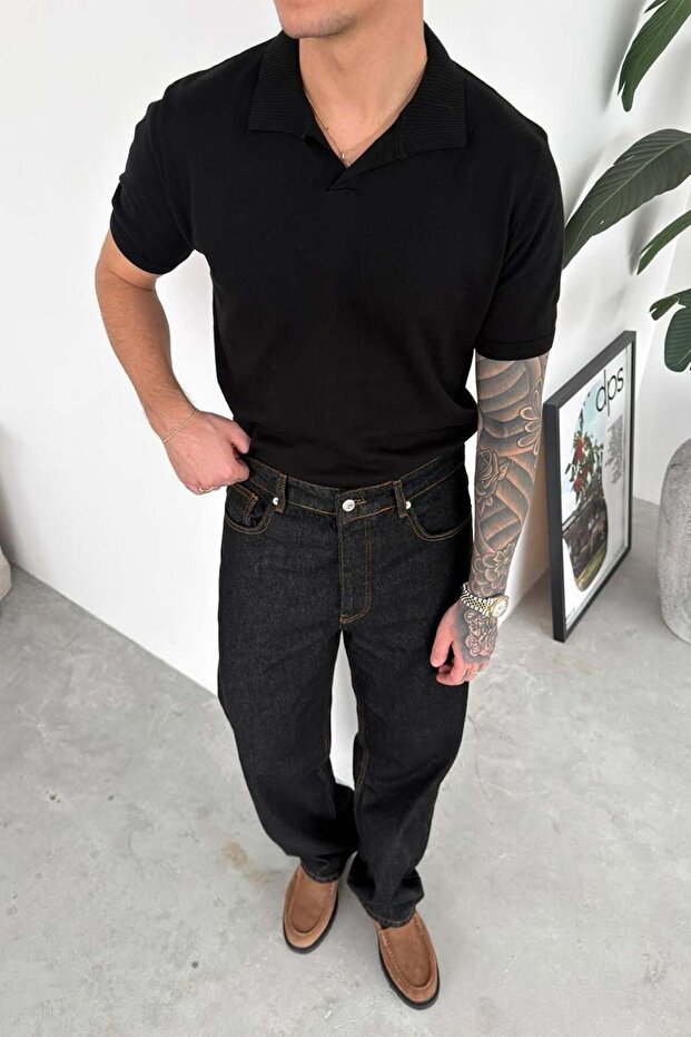 Black Knitwear Relaxed Polo Neck T-Shirt