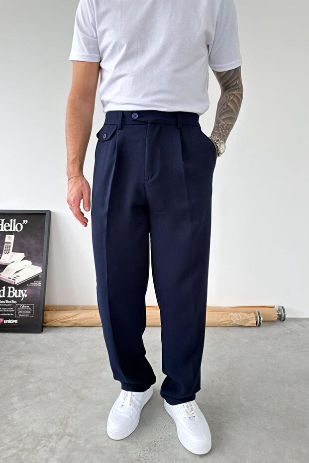 Navy Blue Pleated Baggy Design Fabric Trousers