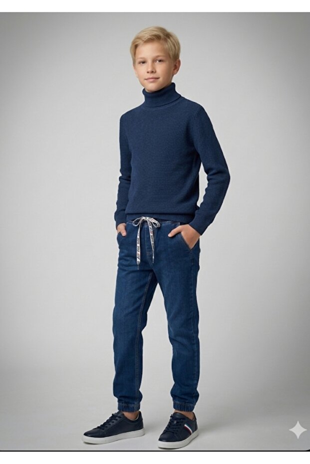 Boy's Elastic Waist, Lace-Up Side and Back, Pocketed Elastic Legs, Jogger Pants Denim Jeans