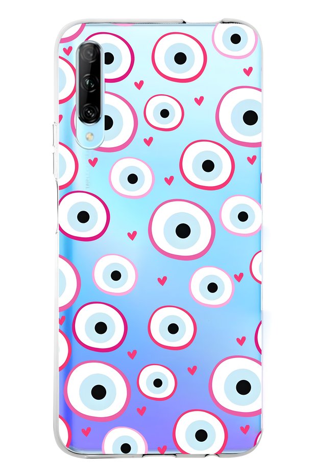 Huawei P Smart Pro Compatible Pink Evil Eye Bead Patterned Transparent Phone Case