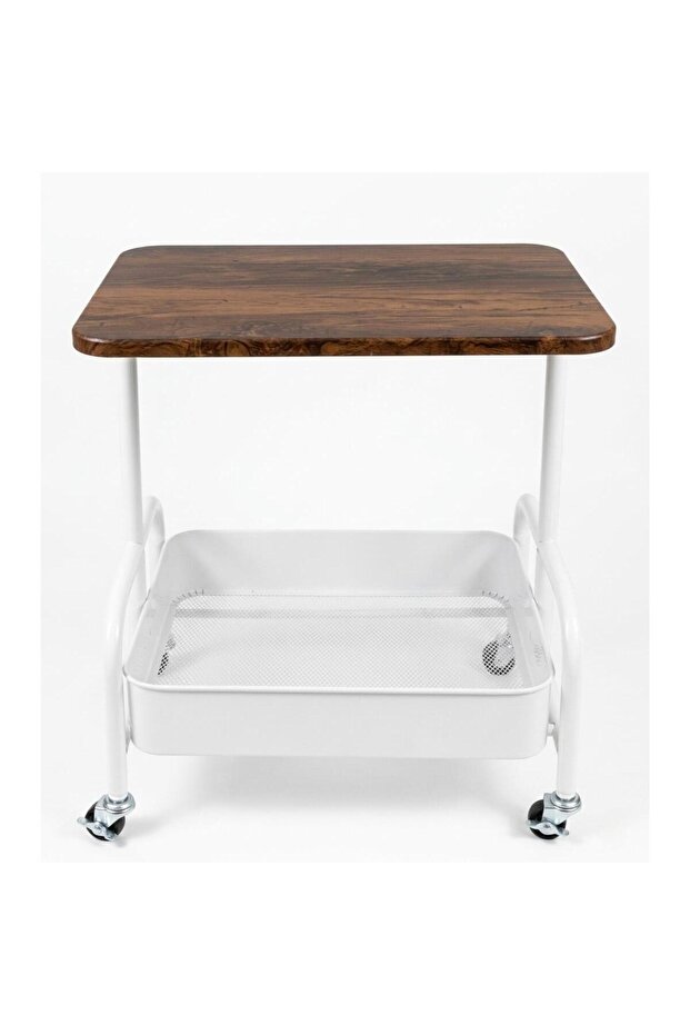 Rolling Side Table with Storage Basket, Wooden Top Mobile End Table with Wheels