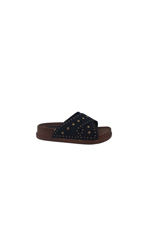 Apella 330 Women's Black Cross-Strapped Studded Thick Sole Slipper