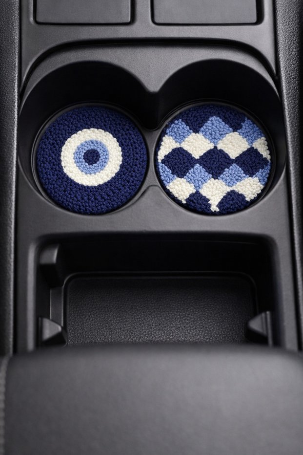 Car Coaster Set of 2, Punch Handmade, Six Felted 7cm Evil Eye Beads and Checkers Patterned
