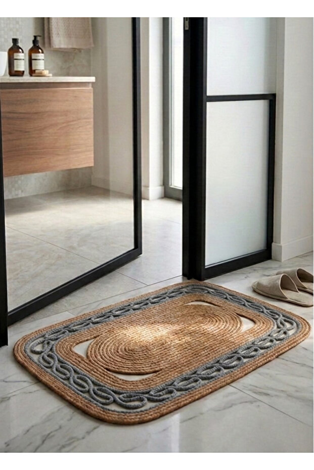 Chain Pattern Jute Bohemian Mat for Indoor and Outdoor Use, Bathroom, Balcony, Terrace Mat