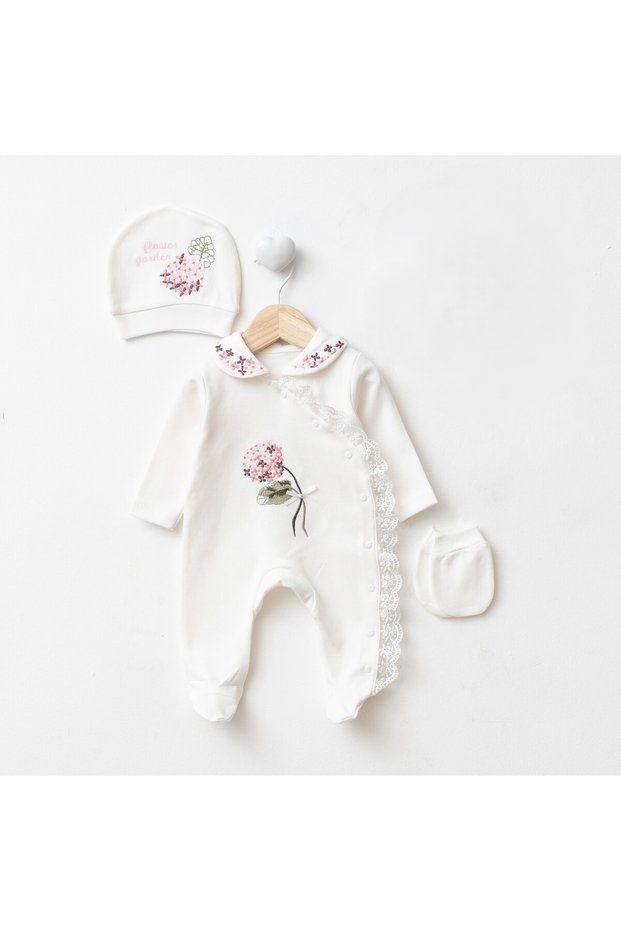 Newborn Baby Girl Hospital Release Set of Cotton Floral Embroidered Rompers Set of 3