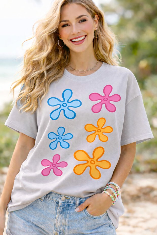 Retro Flower Printed Unisex Oversized T-Shirt – Pack of Cotton Crew Neck Casual Printed T-Shirts