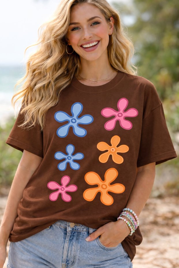 Retro Flower Printed Unisex Oversized T-Shirt – Pack of Cotton Crew Neck Casual Printed T-Shirts