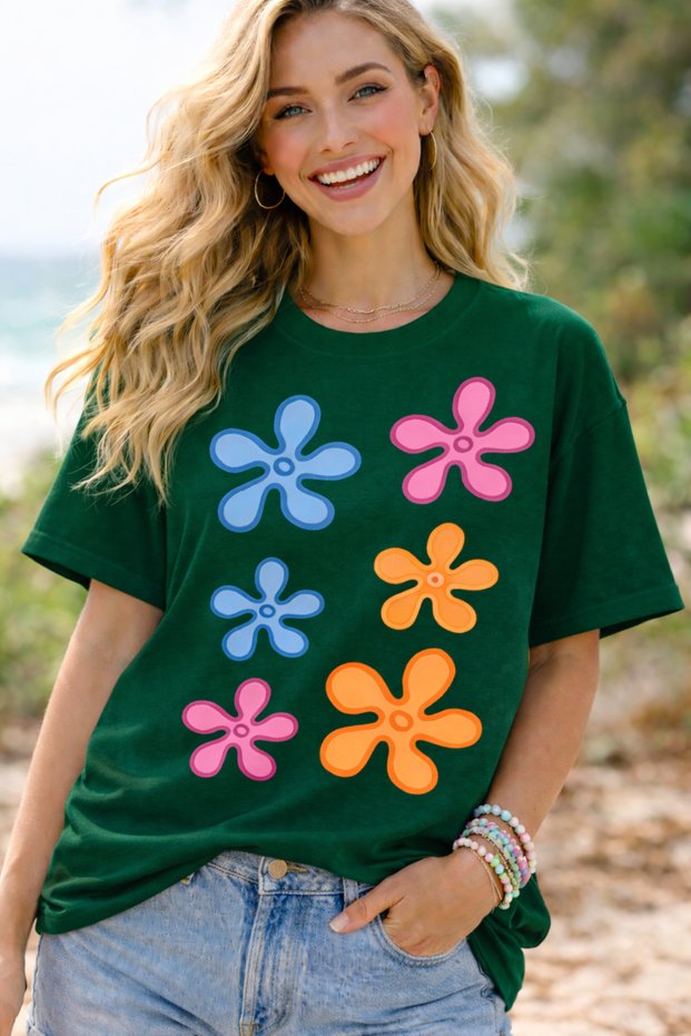 Retro Flower Printed Unisex Oversized T-Shirt – Pack of Cotton Crew Neck Casual Printed T-Shirts