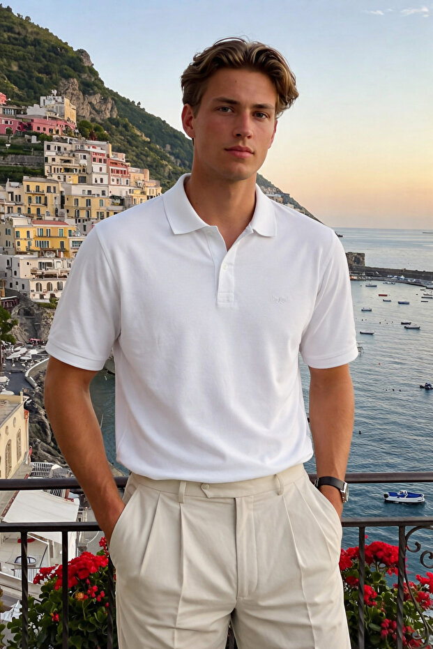 Men's Basic 100% Cotton White Polo Neck T-Shirt