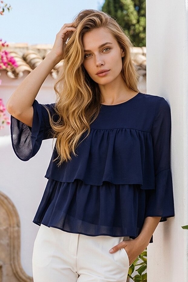 Women's Layered Front, Three-Quarter Sleeves, Woven Fabric Relaxed Fit Bluz