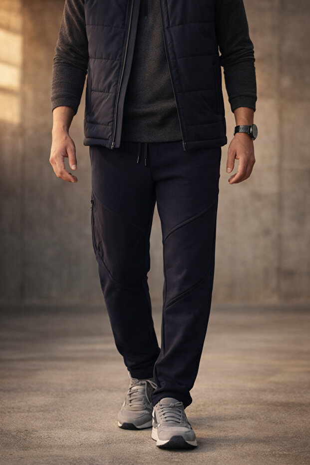 Men's Dark Navy Blue Jogger Pants Sweatpants with Zipper on the Side Pocketed Standard Fit in Cotton Sizes