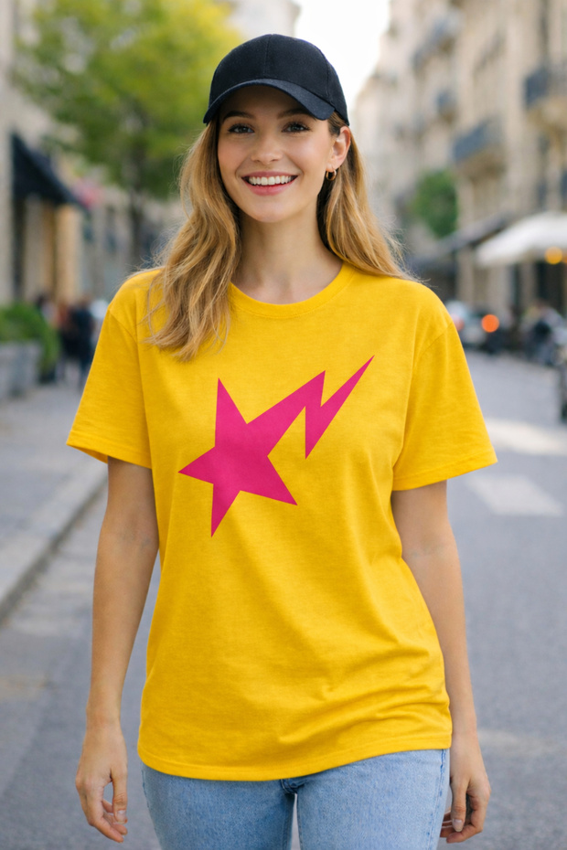 Star Lightning Graphic Printed Unisex Oversized T-Shirt Cotton Pack Crew Neck Casual Streetwear T-Shirt