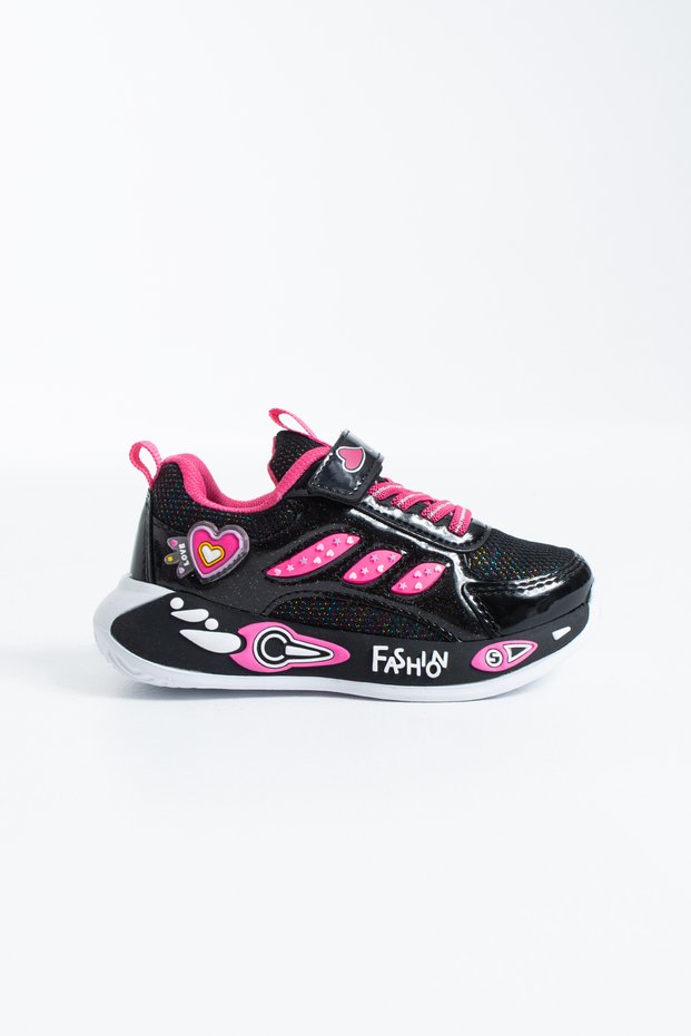 Luvy Girls' Black and Pink Heart Figured Velcro Nursery and Kindergarten Sports Shoes