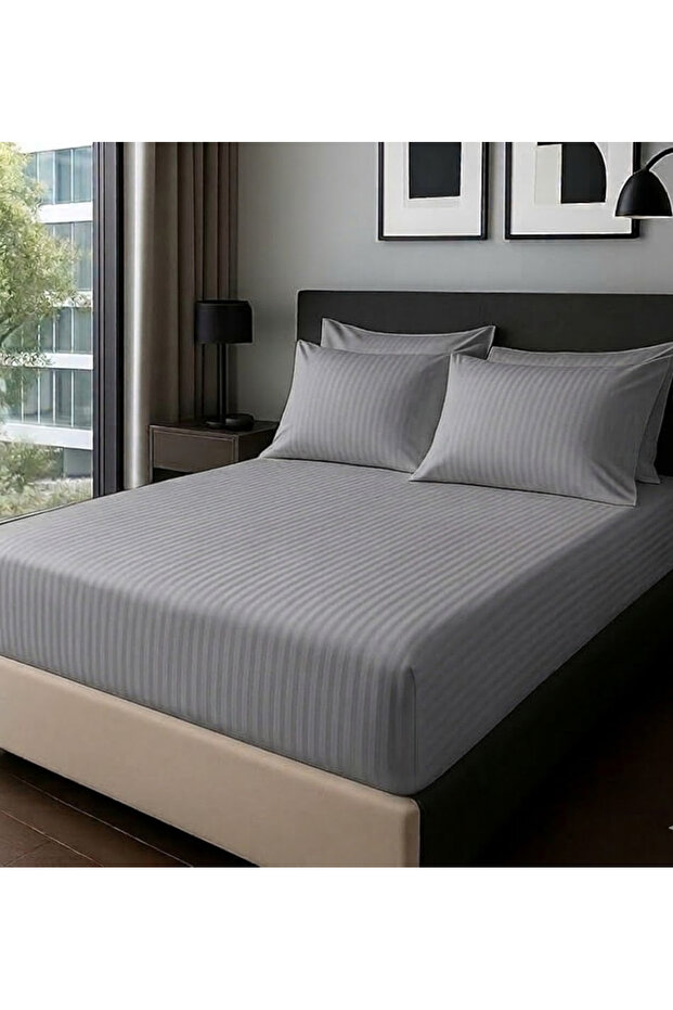 100% Cotton Pieces Striped Satin 160X200+35Cm Fitted Sheet Set