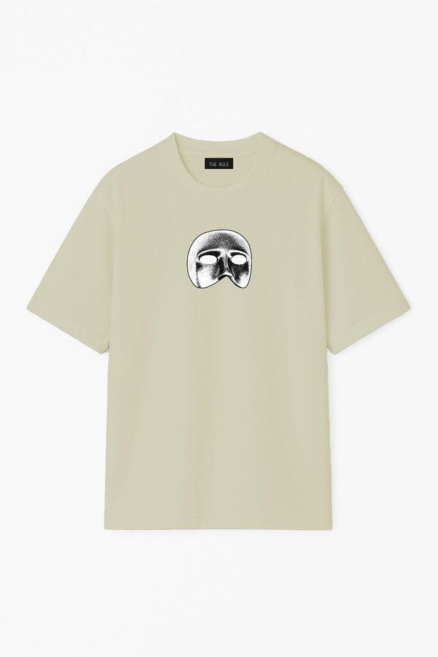 Unisex Mask Printed Oversized 100% Cotton Wide Cut Textured Crew Neck Green T-Shirt Rf0658