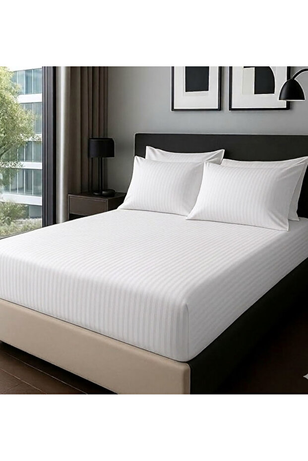 100% Cotton Pieces Striped Satin 160X200+35Cm Fitted Sheet Set