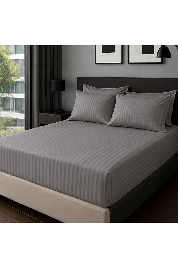 100% Cotton Pieces Striped Satin 160X200+35Cm Fitted Sheet Set