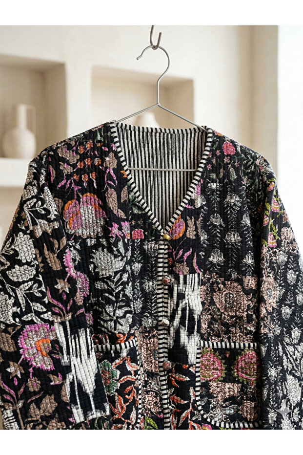 Black Floral Print Cotton Women's Jacket – Bohemian Quilted Casual Jacket
