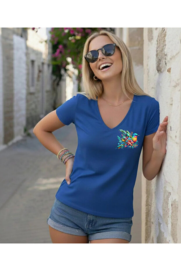 Colorful Flowering Bird Bas Printed Collar Regular Fit Women's Summer T-Shirt
