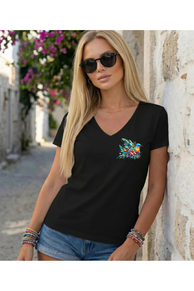Colorful Flowering Bird Bas Printed Collar Regular Fit Women's Summer T-Shirt