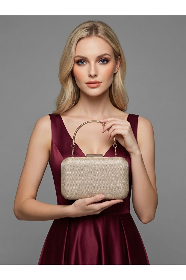 Gold Gold Dore Color Laser Patterned Chain Strap Women's Evening Dress Bag Wedding Engagement Graduation