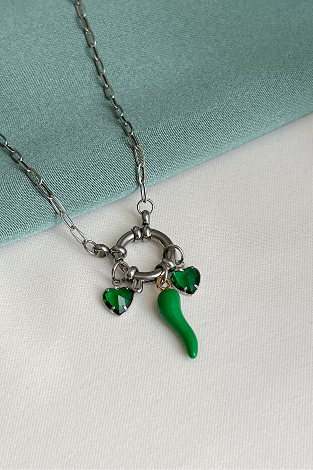 Love & Luck Steel Sailor Clasp Necklace with Pepper and Heart Figures