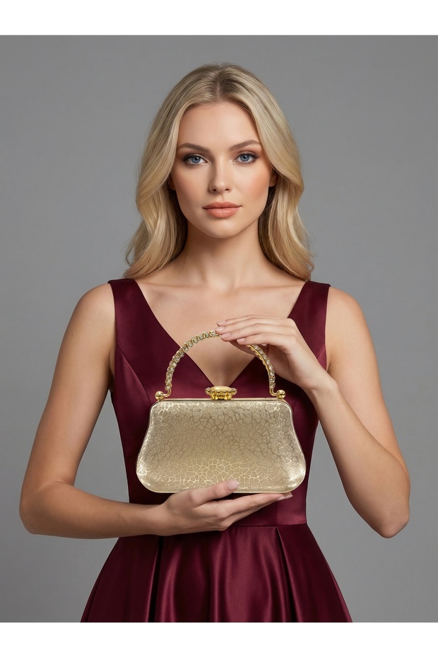Gold Gold Dore Color Laser Patterned Chain Strap Women's Evening Dress Bag Wedding Engagement Graduation
