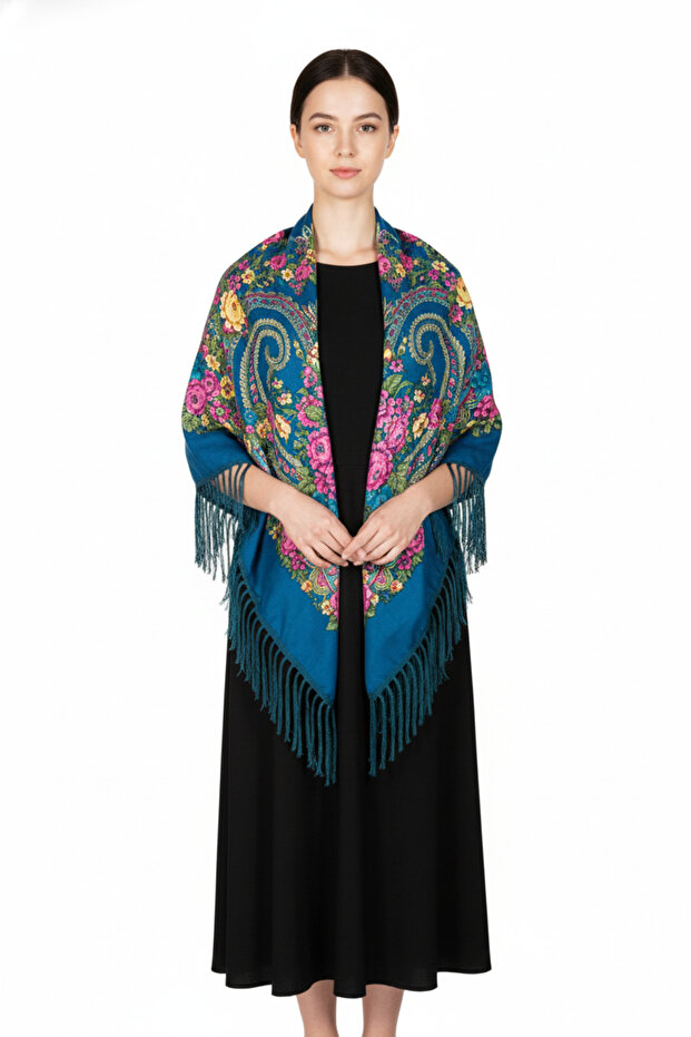 - Deep Blue Russian Floral Shawl