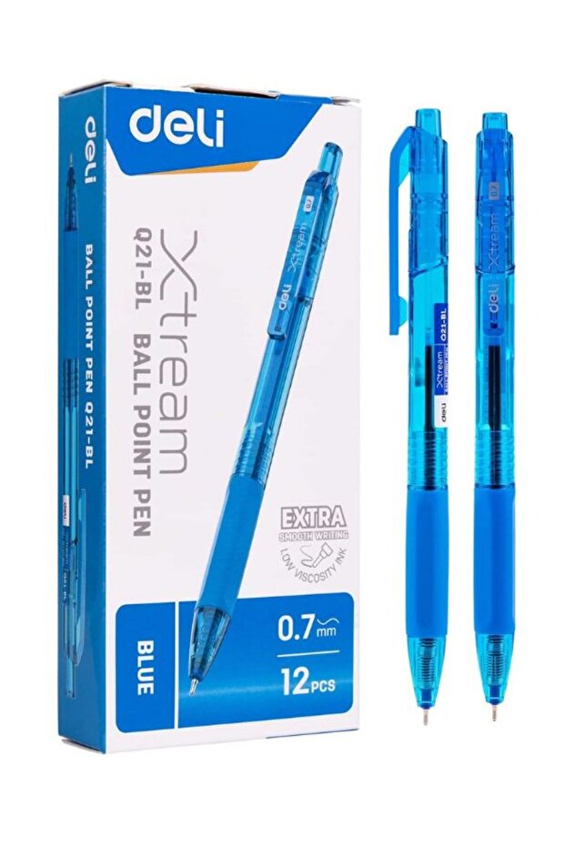 Ball Point Pen Q21-BL Mini Tip 0.7mm Blue Ink, Retractable, Soft Grip, 12 Pack
