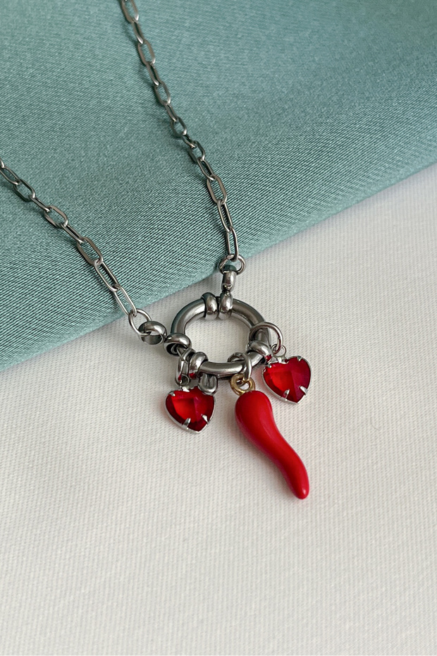 Love & Luck Steel Sailor Clasp Necklace with Pepper and Heart Figures