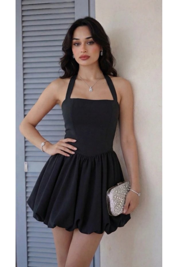 Women's Black Halter Neck Tie-Detail Halter Neck Dabıl Fabric Balloon Mini Dress