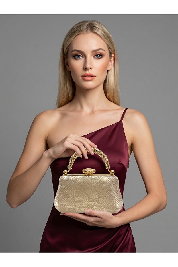 Gold Gold Dore Color Laser Patterned Chain Strap Women's Evening Dress Bag Wedding Engagement Graduation