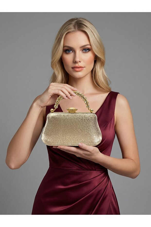 Gold Color Laser Patterned Chain Strap Women's Evening Dress Bag Wedding Engagement Graduation