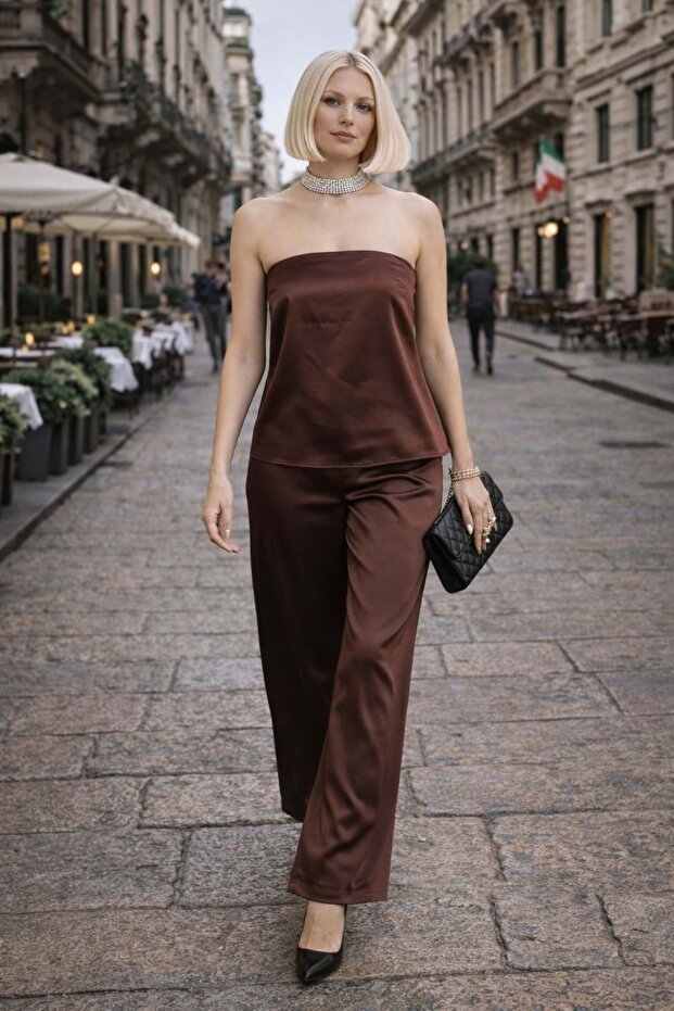 Bellisima mocha coffee satin pants with elastic waist - l - st00958-14818