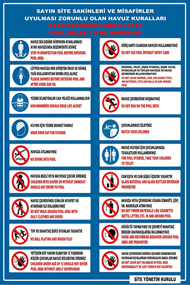 Site Residents Pool Rules Turkish-English Warning Sign 20X30 cm Forex