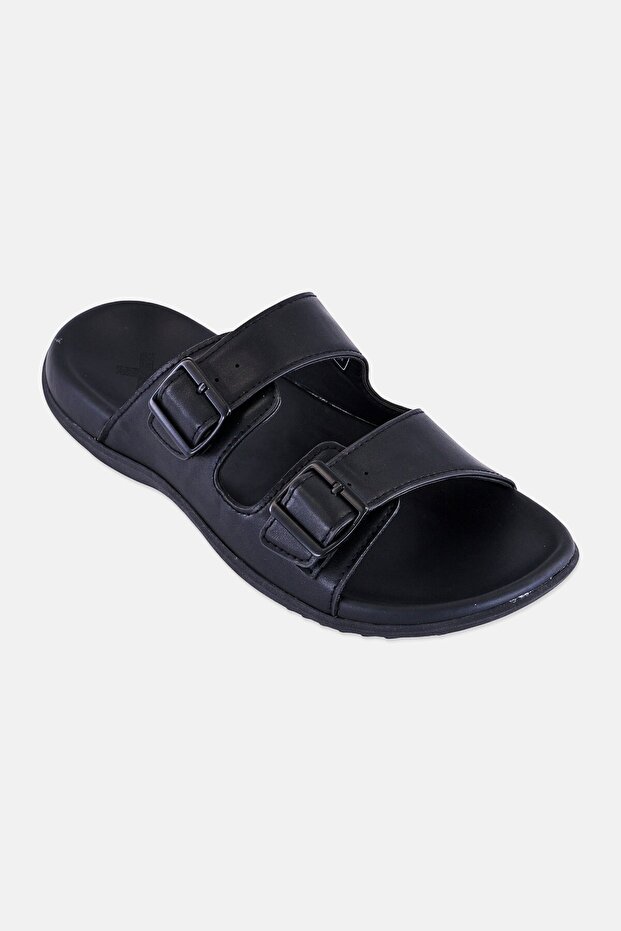 Men Leather Slip On Sandals, Black