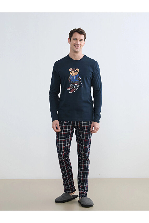 Navy Blue Crew Neck Bear Teddy Printed Men's Pajama Set