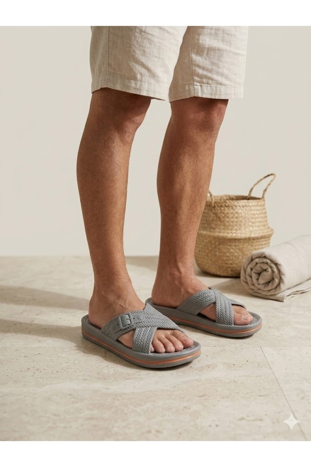 Premium Knitted Patterned and Color Detailed Non-Slip Men's Slipper Open Front Balcony Bathroom Garden