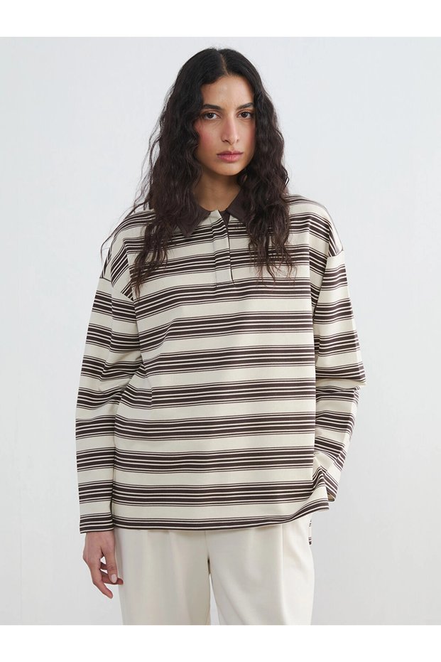 Lcw Modest Ecru Polo Yaka Striped Women's Sweatshirt Tunic