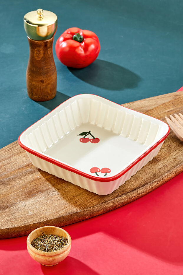 Cherry Figured Square Oven Dish with Wavy Edge Ceramic Presentation Plate Square Oven and Cake Mold 18X18 cm