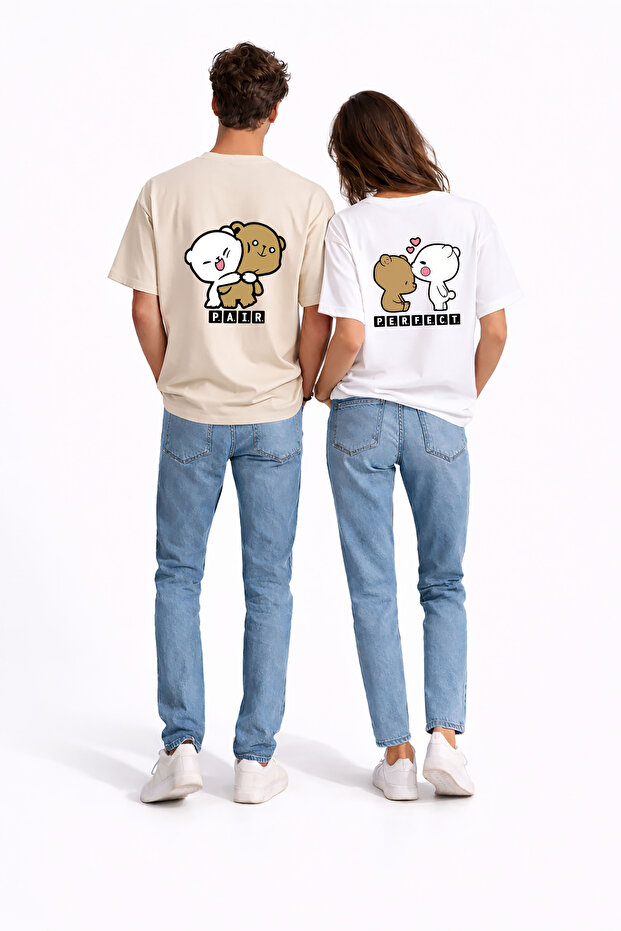 مجموعة تي شيرتات مثالية للأزواج من نوع Sevgili Kombini Perfect Pair Teddy Bear مكونة من مطبوع أزواج من التيشيرتات كبيرة الحجم للجنسين