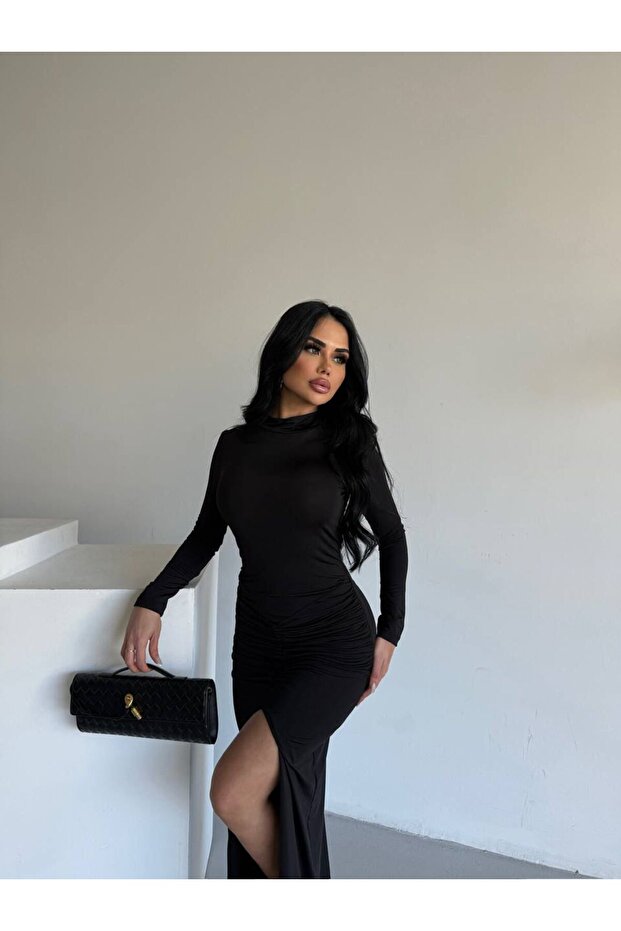 Saja Rsln Maxi-Length Ruched Waist Slit Stretch Fabric Dress