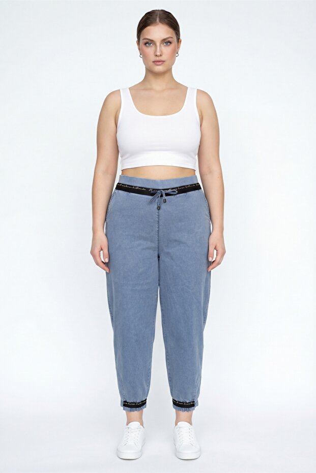 Women's Navy Blue Summer Pants with Elastic Waist, Ribbed and Lace-Up Cuffs, and Elastic Cuffs, and Ribbed Denim Pants