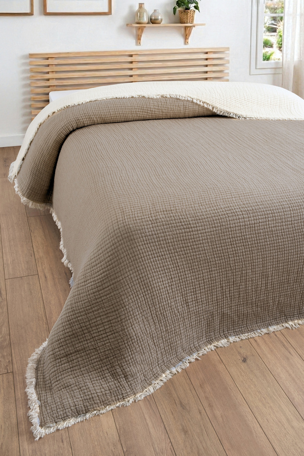 Single Muslin Bedspread - 5 Layers, Padded, 100% Cotton Muslin Duvet - 160X220 Cm-Brown
