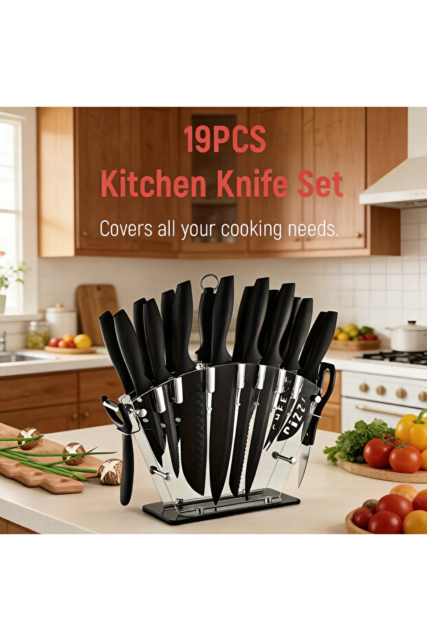 19Pcs Knife Set with Sharpening Steel, Stainless Steel Knife Block Set, with Ergonomic Handle