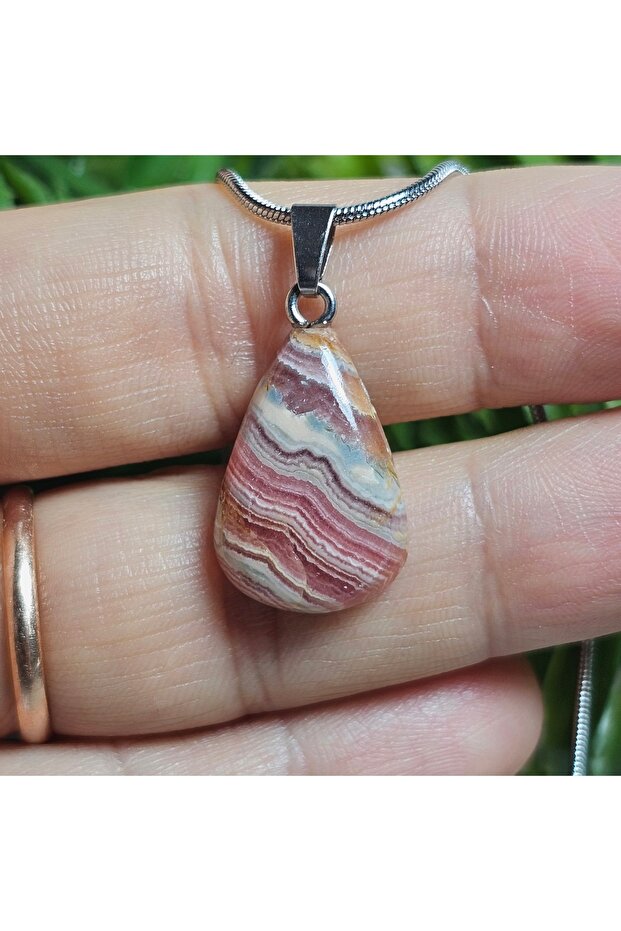 Rodokrozite Steel Chain Natural Stone Necklace-12- (Handmade Design Products)
