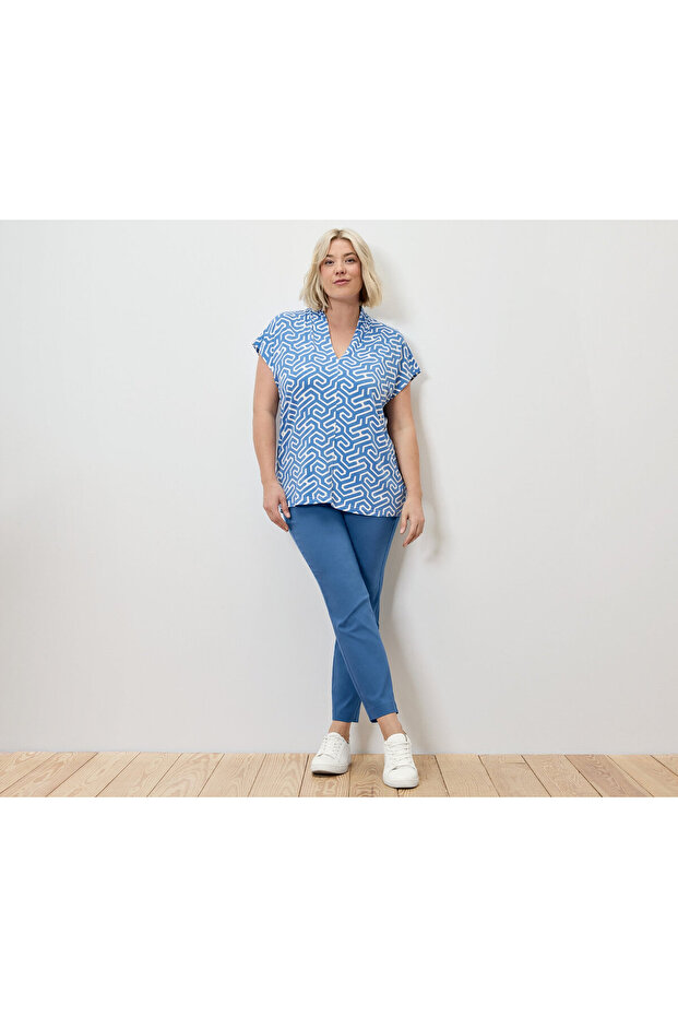 Kadın Bluz, V Yaka, Mavi - 6