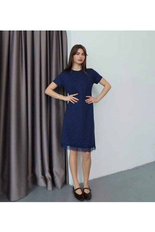 Şans Li̇fe Women's Skirt Hem D Lace Stone Embellished Short Sleeve Medium Length Dress