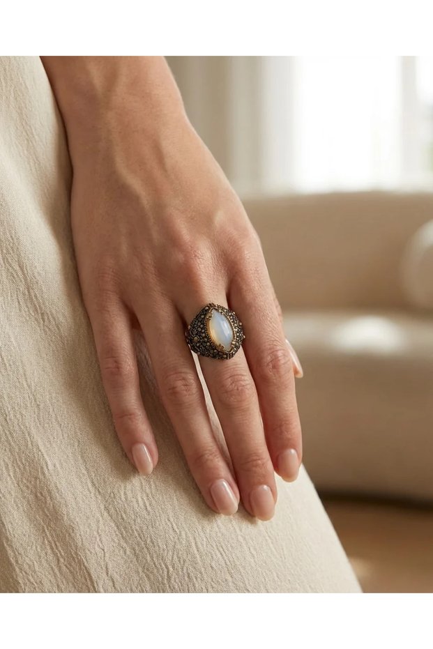 Bronze Jewelry Authentic Moonstone White Crystal Stone Cat's Eye Model Adjustable Vintage Women's Ring